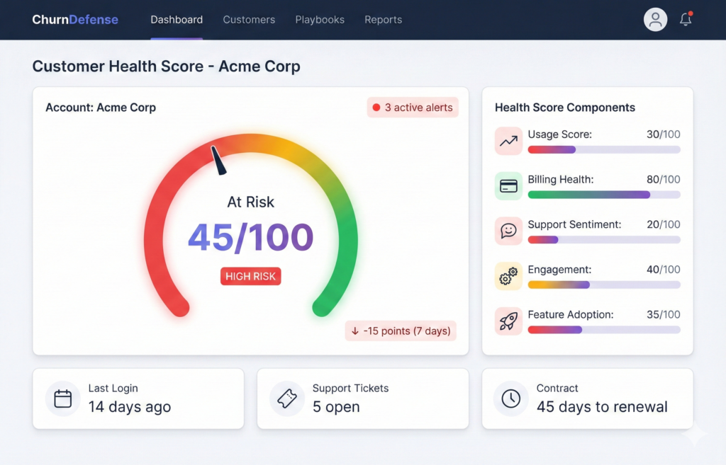 Example customer health score dashboard showing risk breakdown