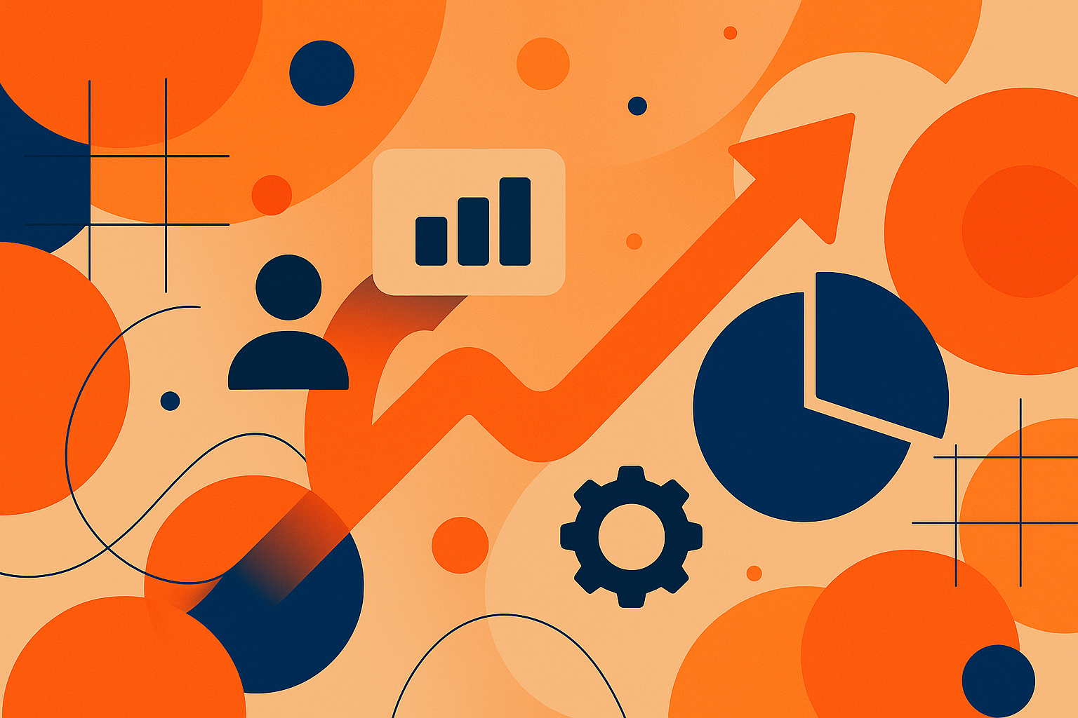 Abstract illustration of customer retention management software: growth arrow, charts, user icon, and automation gear