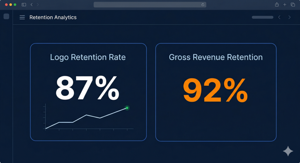 SaaS dashboard showing logo retention rate and gross revenue retention (GRR) side by side
