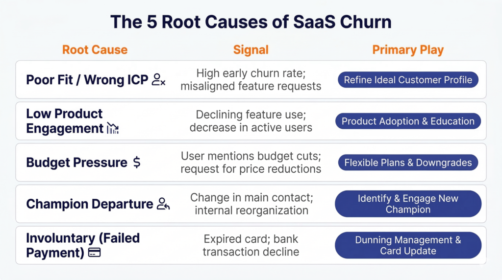 5 root causes of SaaS churn — poor fit, low engagement, budget pressure, champion departure, failed payment
