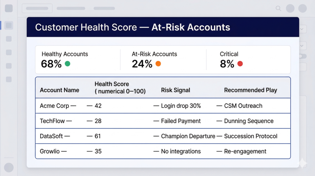 Customer health score dashboard early warning signals.